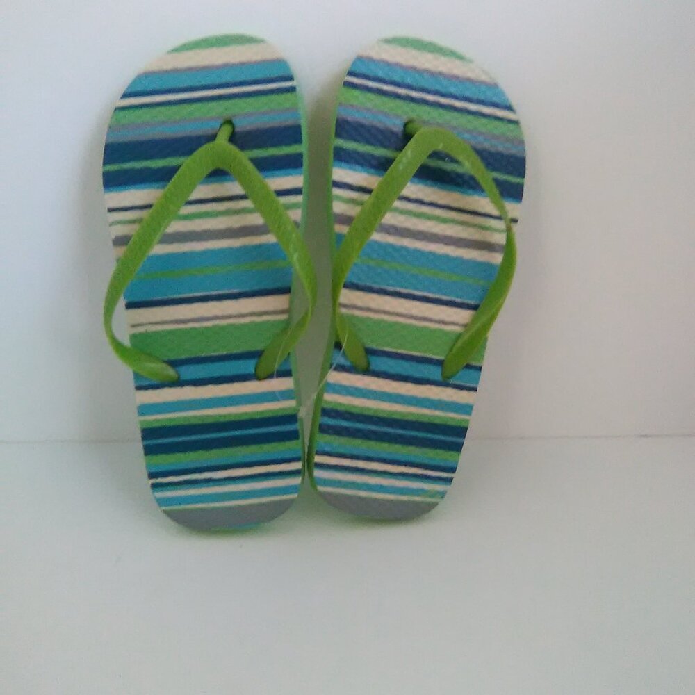 Juncture Kids/Boys Flip Flop Sandals Color Green Blue Stripe Size Large 2/3 NWOT